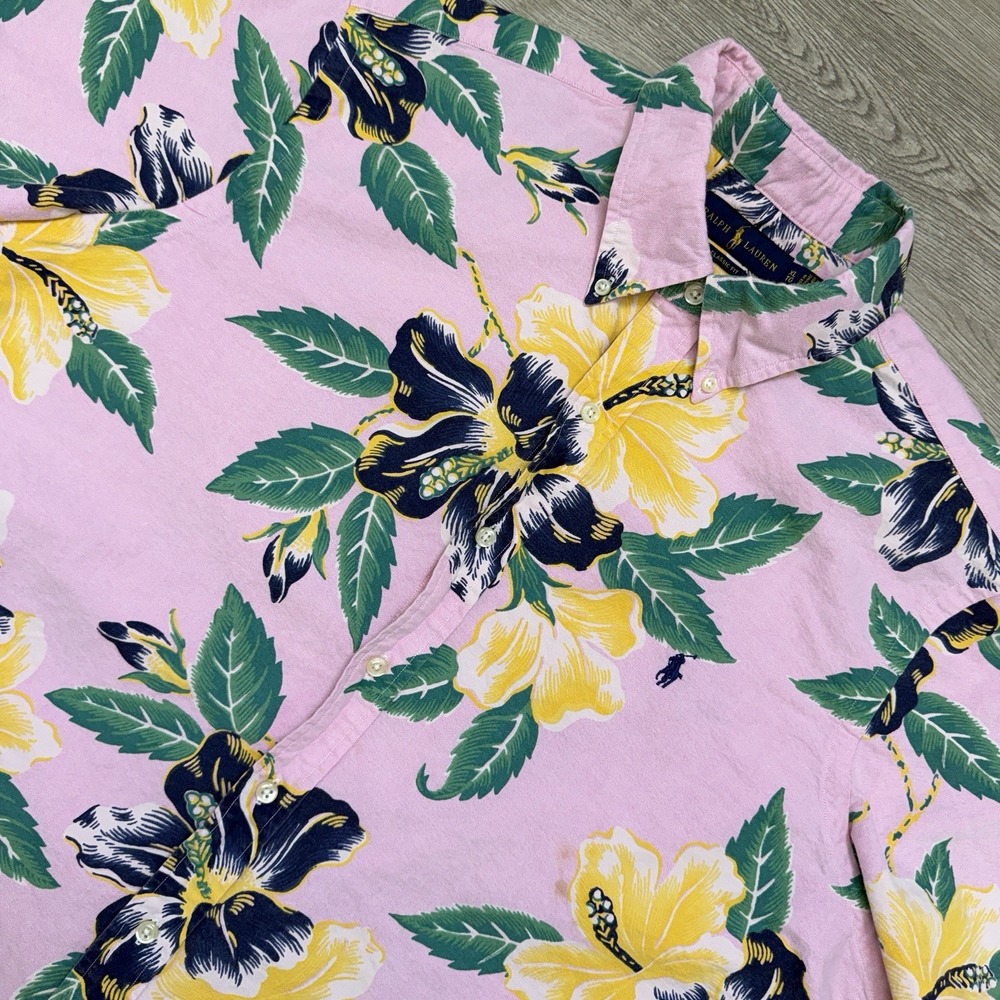 Ralph Lauren Tropical Button Down XL Short Sleeve Pink Blue Pony Floral Hawaiian